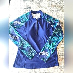 DACI Women’s Long Sleeve Rash Guard Swim Shirt Small NWT Tropical Palm Print Nav